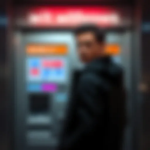 A person standing in front of an ATM, preparing to withdraw cash, with a focused expression on their face.