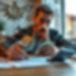A person thinking about whether to withdraw cash, with a calculator and financial documents on the table.