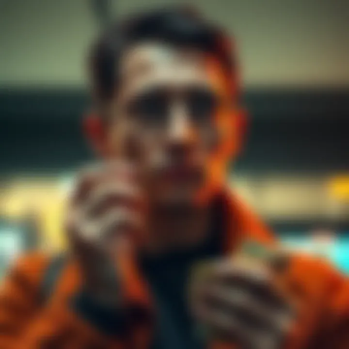 A person contemplating whether to withdraw cash, with money in hand and a thoughtful expression