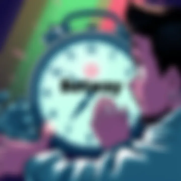 An illustration showing a worried player looking at a clock with a Betway UK logo, indicating a delay in cash withdrawal processing.