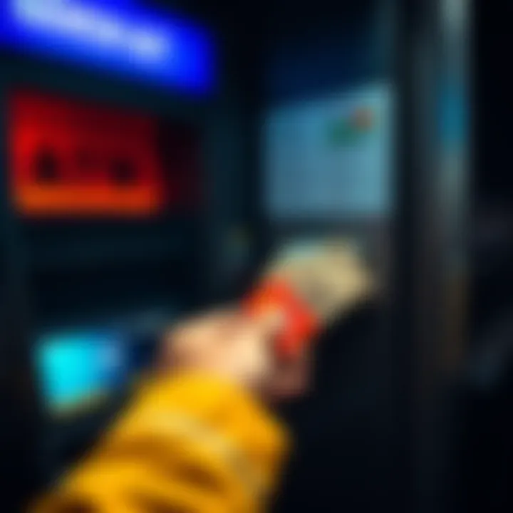 A person withdrawing cash from an ATM, showing money being dispensed and a bank card being used.