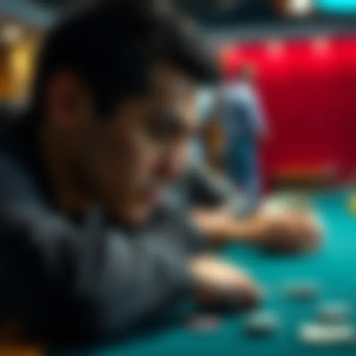 A person looking thoughtfully at a gaming table with chips and cash on one side