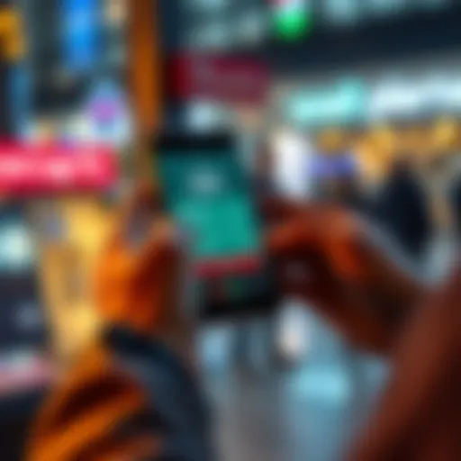 A person using a smartphone to make a payment, showing a digital wallet app on the screen.