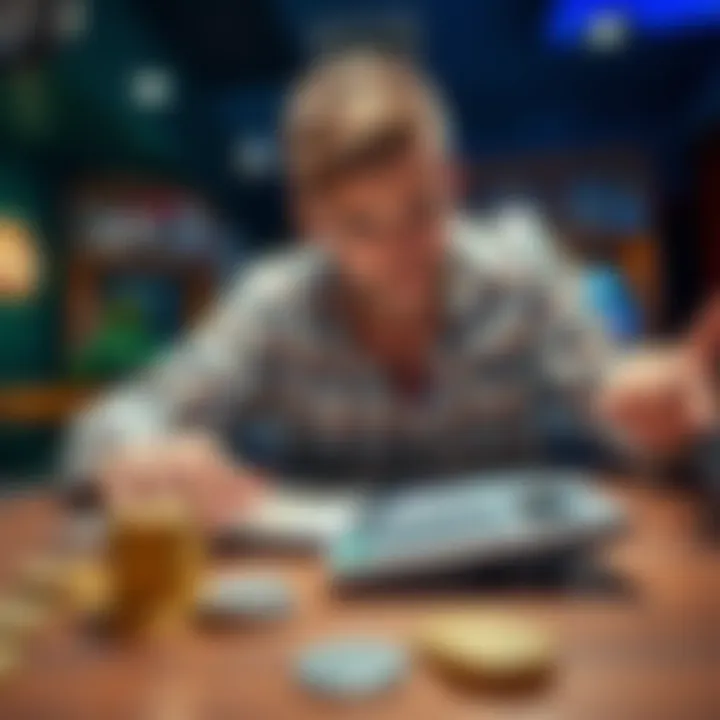 Person contemplating whether to cash out their winnings with money and calculator on a table