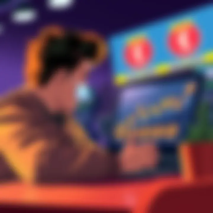 Cash-out process for winnings Illustration showing a person considering cashing out their winnings, looking at a chart with rising figures on a laptop