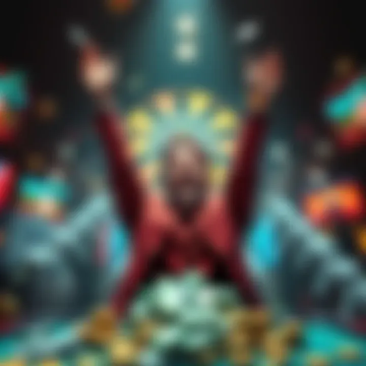 A person celebrating their cash-out win in gambling, with money and gaming symbols around them.