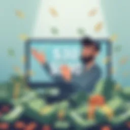 A visual guide showing a player happy with cashing out their bonus winnings, surrounded by cash and a computer screen displaying the amount.