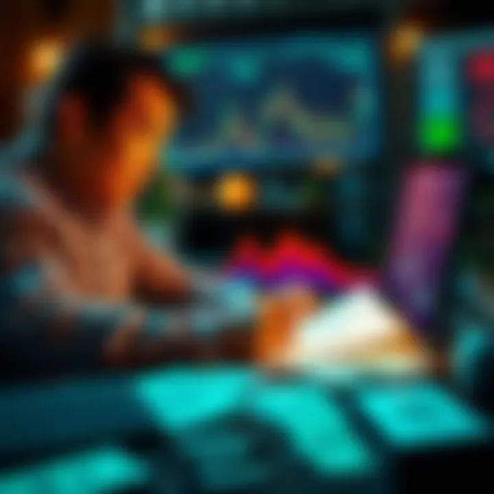 A person contemplating a cashout decision while looking at financial charts and dollar bills on a table