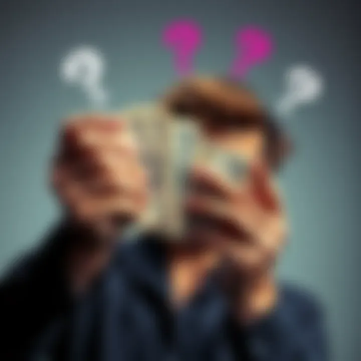 Cashout Offer Concept A person considering a cashout offer with money in their hands and question marks above their head, showing decision-making