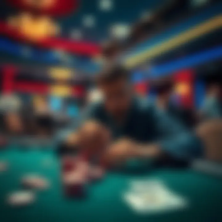 A person at a casino table making a decision between cashing out and continuing to play, with chips and cards in front of them.
