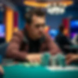 A focused cash player contemplating his next move at a poker table with chips in front of him