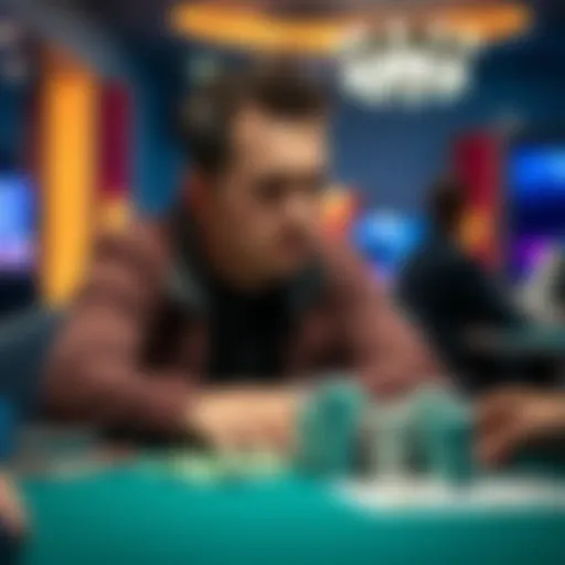 A focused cash player contemplating his next move at a poker table with chips in front of him
