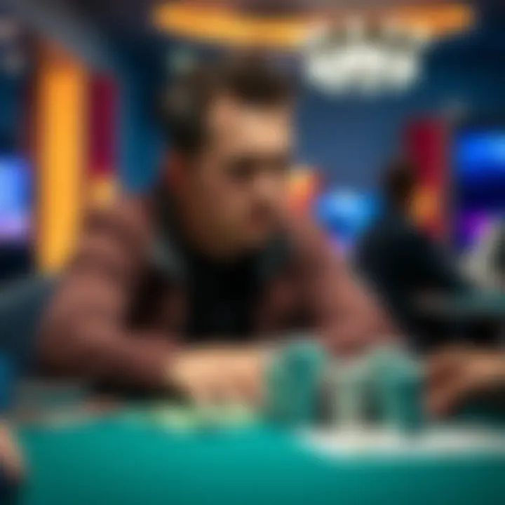 A focused cash player contemplating his next move at a poker table with chips in front of him
