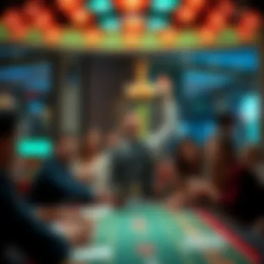 A player celebrating a big win at a Berlin casino table, surrounded by cheerful fellow players and colorful lights.