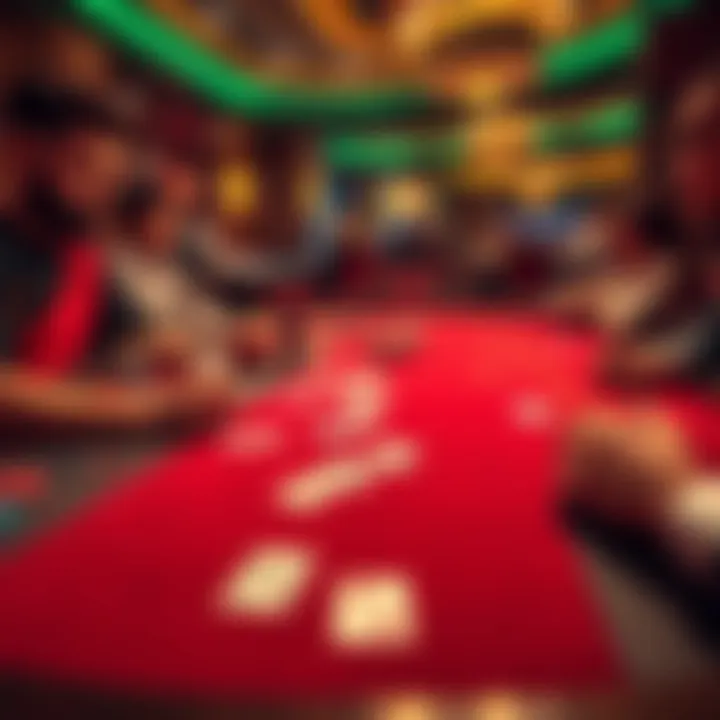 A baccarat table in a casino with players and cards being dealt