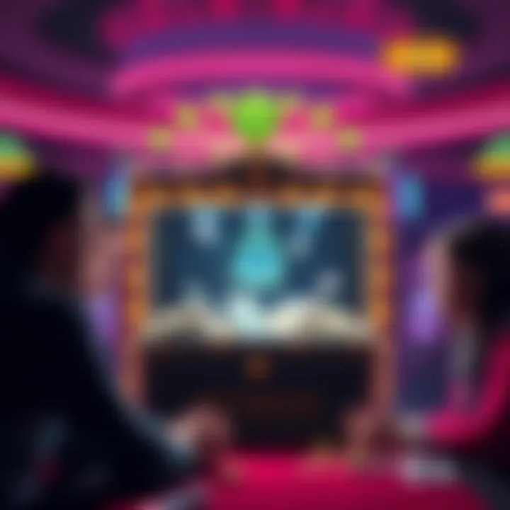 A visual representation of a casino with a locked cash box and concerned players discussing a payout issue.