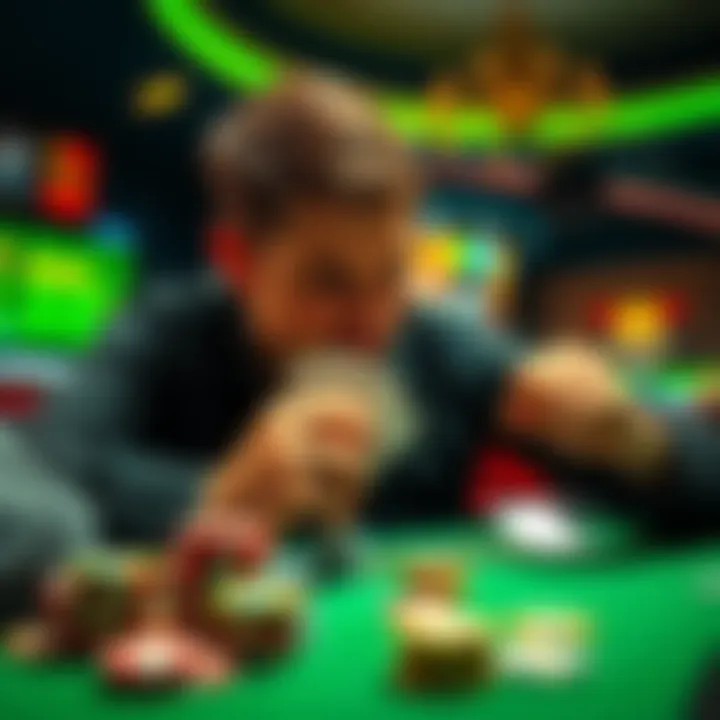 A player focusing on a single game with chips and cards, celebrating a winning moment