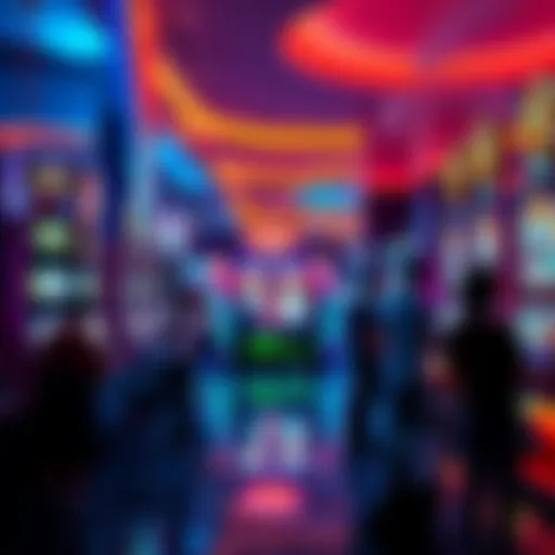 A vibrant casino with colorful slot machines and people enjoying their time. Some are celebrating a birthday while others are focused on playing.