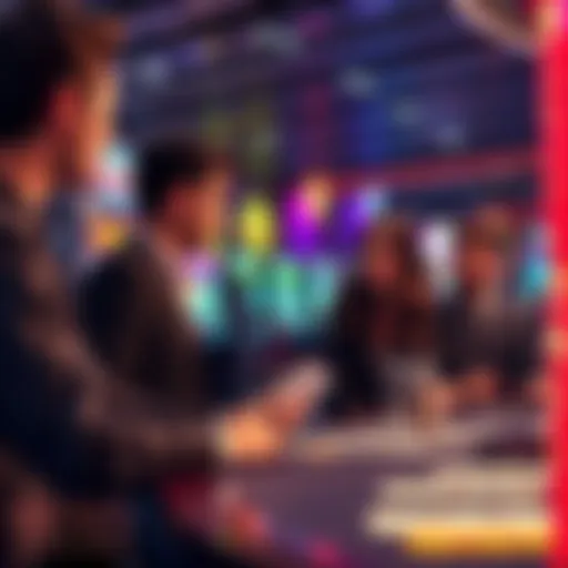 A group of people discussing bonus hunts in a casino setting, with slot machines in the background and cards on the table.