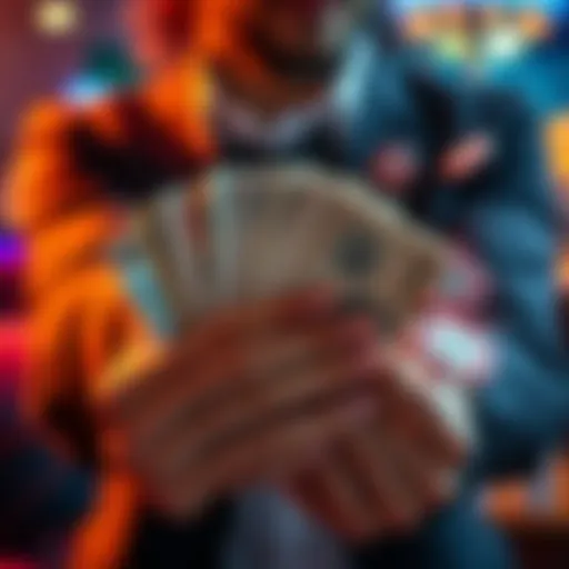 A person holding a stack of cash with casino chips and bonus advertisements around them