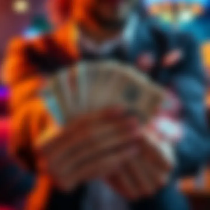 A person holding a stack of cash with casino chips and bonus advertisements around them