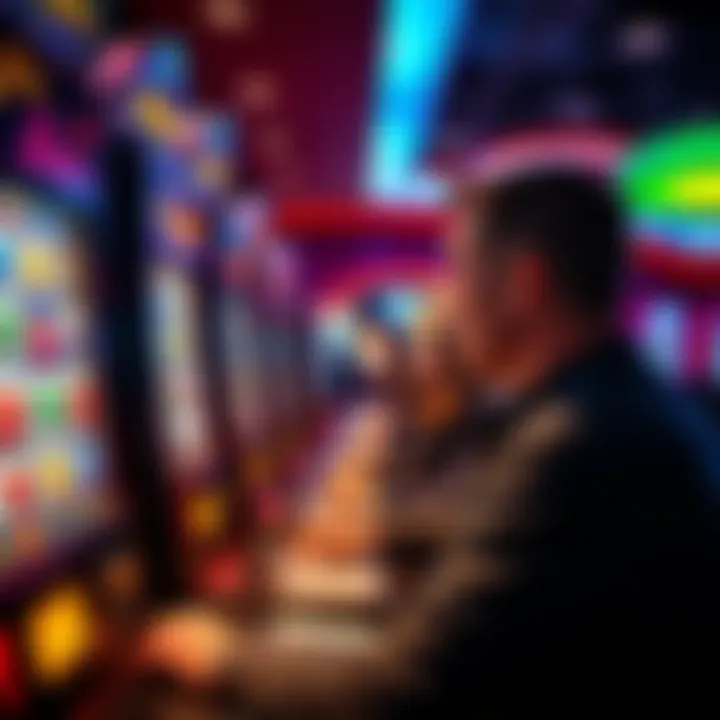 A person considering bonus offers while playing a slot machine at a casino.