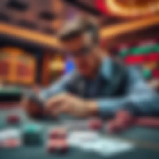 Person analyzing casino strategies to prevent blowouts, with chips and cards on the table