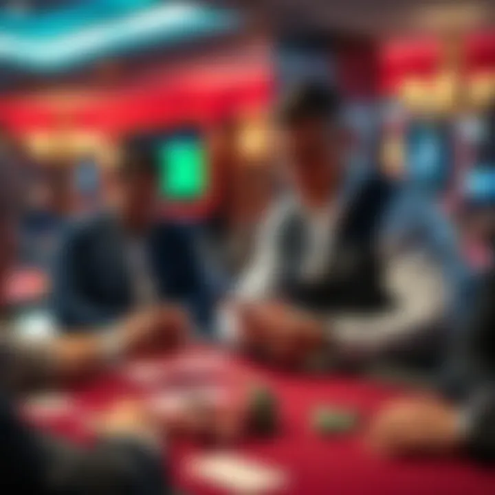 Casino Dealer A casino dealer at a game table interacting with players, showing cards and chips.