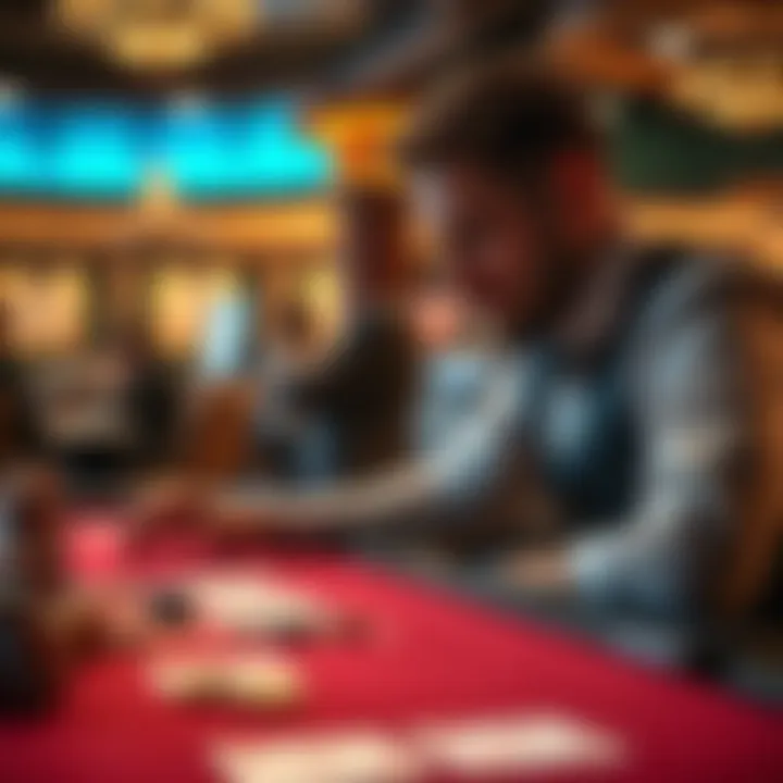 A player analyzing their strategy at a casino table, focused on the game with chips and cards in front of them.