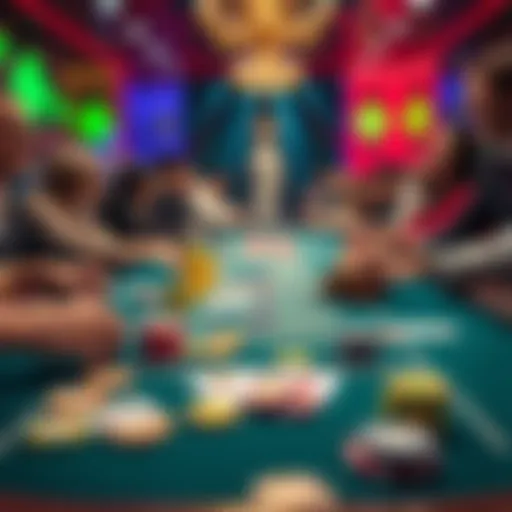 A casino game table with colorful chips and cards, showing excitement and tension among players.
