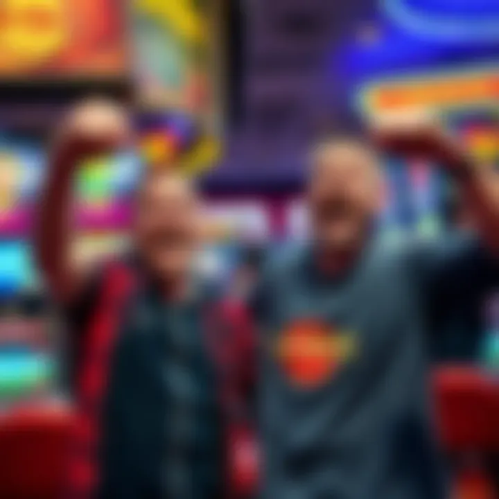 Casino Glitch Bonus Celebration Two excited players celebrating unexpected winnings from a casino glitch at Hard Rock, with slot machines in the background.