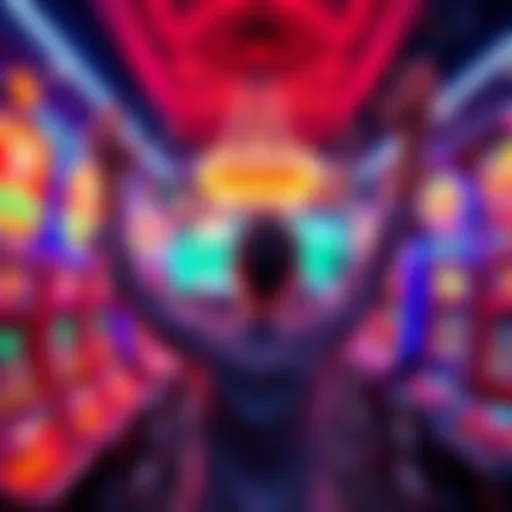Casino Jackpot Celebration A person celebrating their massive casino jackpot win, surrounded by colorful lights and slot machines.