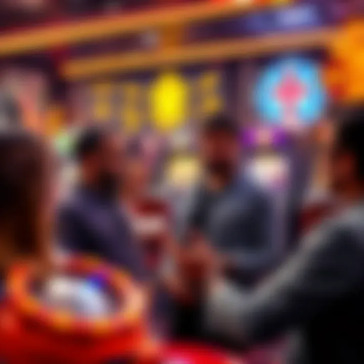 A group of people discussing different casino options with slot machines in the background.