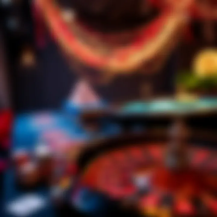 Casino Party Setup A festive casino party with a roulette wheel, blackjack table, and decorative lights, creating a lively atmosphere for guests.