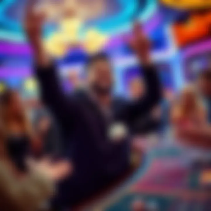 A player at Sky River Casino excitedly celebrating a big win after rolling the dice, surrounded by cheering friends and fellow players.