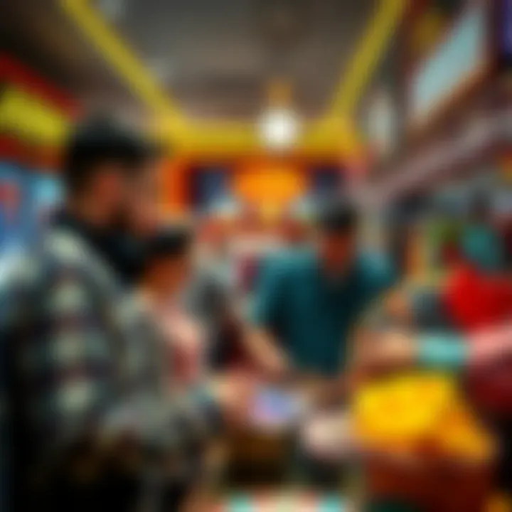 Players browsing items in a casino shop, discussing their experiences and chances of winning while surrounded by colorful displays of merchandise and prizes.