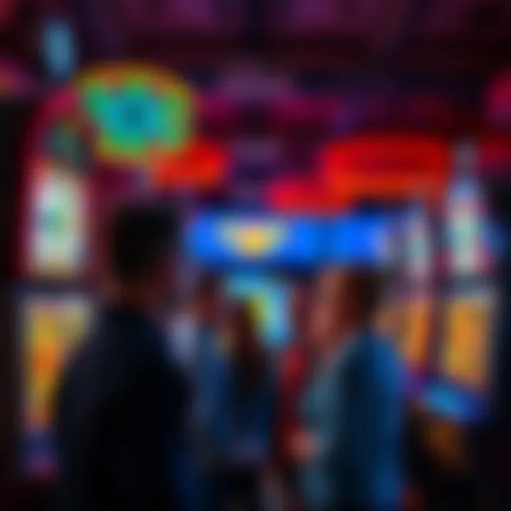 A group of people focused on a brightly lit slot machine in a casino, showing excitement and anticipation.