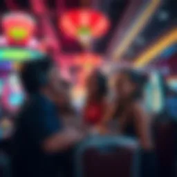 A group of friends enjoying their first visit to a casino, with vibrant lights and games in the background.