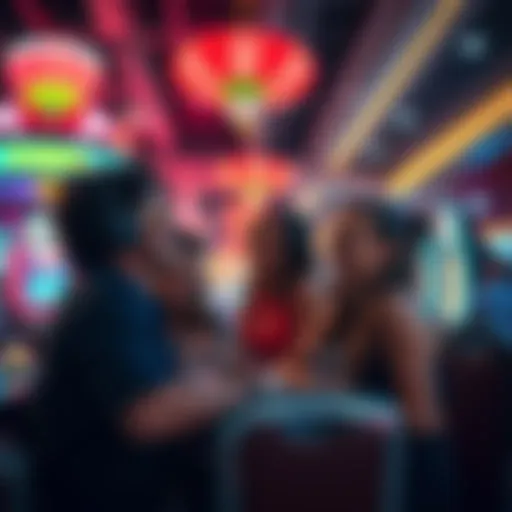 A group of friends enjoying their first visit to a casino, with vibrant lights and games in the background.