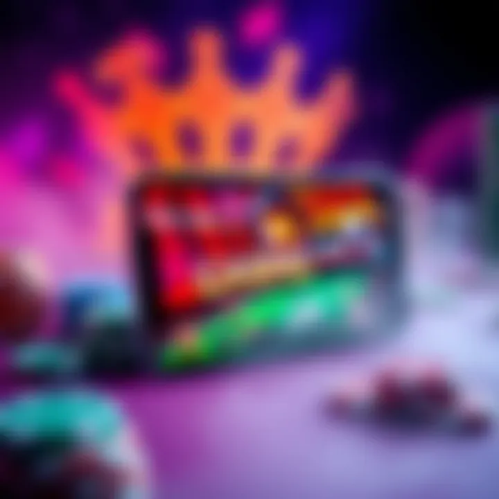 A smartphone displaying a casino app interface with vibrant game graphics, highlighting smooth gameplay and user engagement, set against a colorful background.