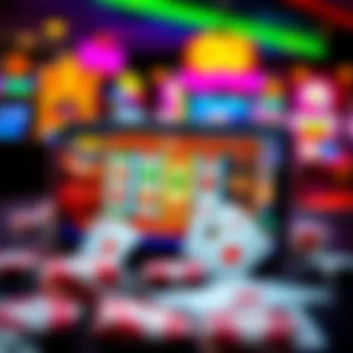 A smartphone displaying a colorful casino app with slot machines and cards