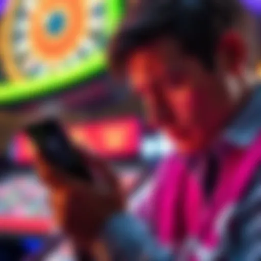 A frustrated person looking at a smartphone displaying a casino app with error messages