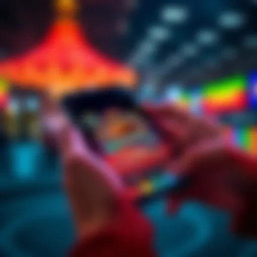 A person holding a smartphone displaying a casino app with colorful graphics and casino symbols