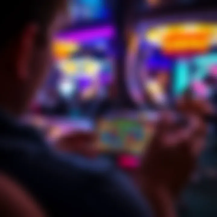 A person enjoying casino games on an iPhone, showing slot game graphics on the screen.