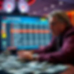 A worried person looking at a casino screen showing no betting options with dollar bills scattered on the table.
