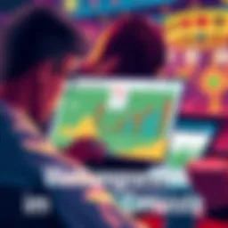 Illustration showing a player examining online casino betting requirements with charts and gaming icons.