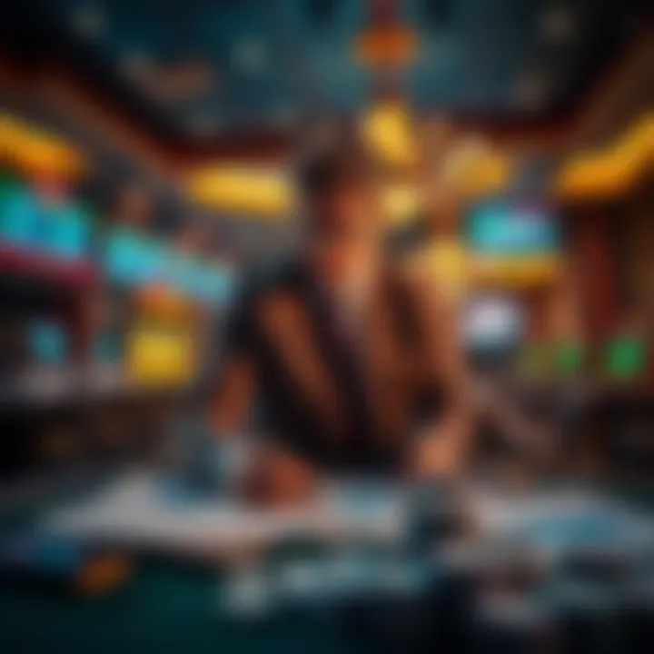 A person analyzing betting spreads in a casino environment, with charts and notes around them
