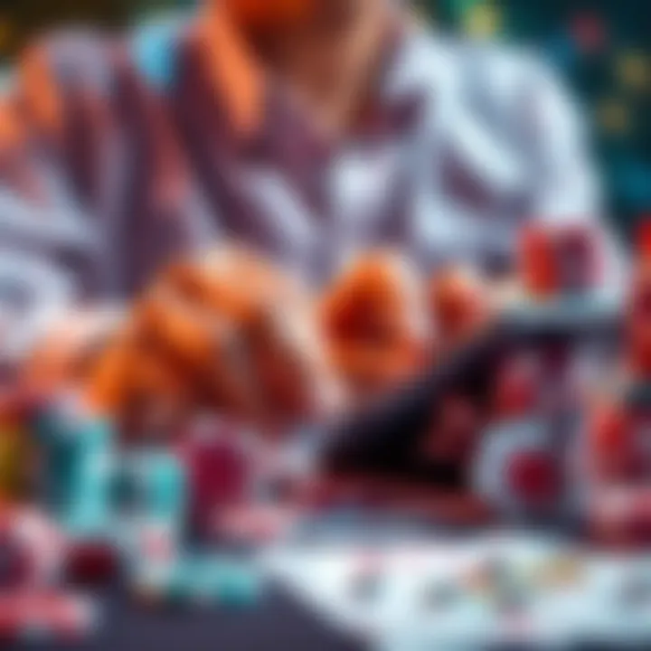 A person using a calculator to analyze online casino bonuses, surrounded by gaming chips and cards.