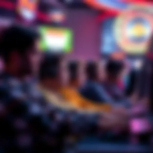 A vibrant scene showing players at an online casino eagerly looking at their screens, searching for bonus codes with excitement and anticipation.