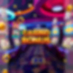 A vibrant casino scene with colorful slot machines and bonus symbols, showcasing excitement and big winnings.